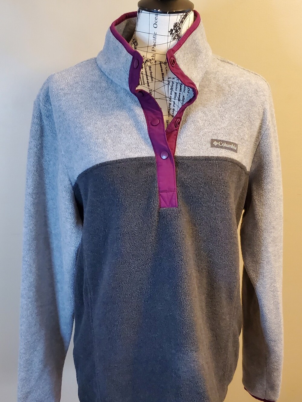 Columbia Womens XL Fleece Pullover Quarter Snap Gray Purple Sweatshirt